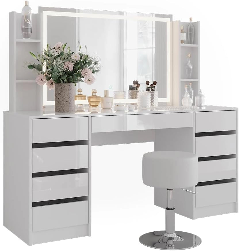 Tavolo da toeletta Sherry, Bianco/bianco lucido, 158.2 cm 5 parti, con illuminazione a LED e panca imbottita