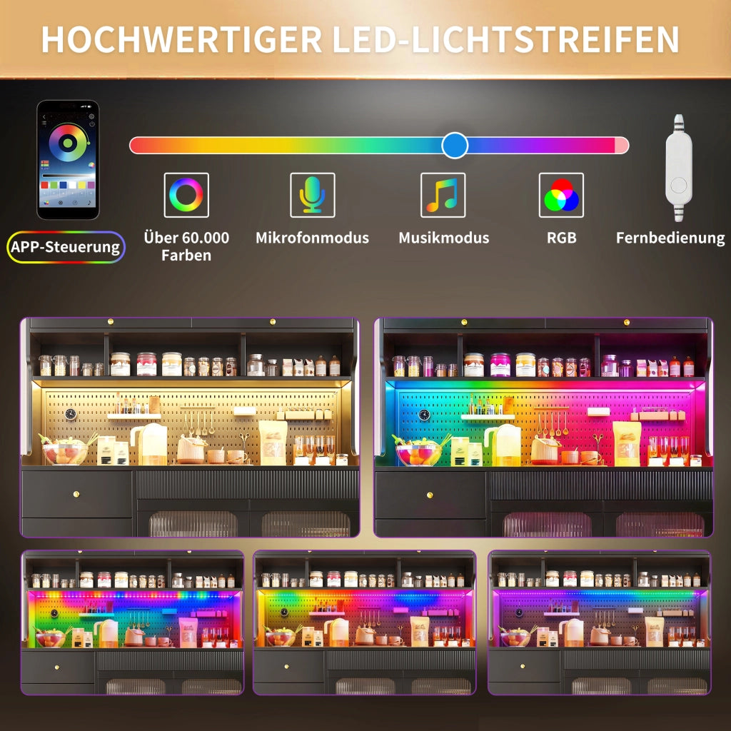 Credenza e madia alta con LED controllati tramite app e telecomando 1 cassetto in MDF e vetro nero 145 × 39 × 171 cm