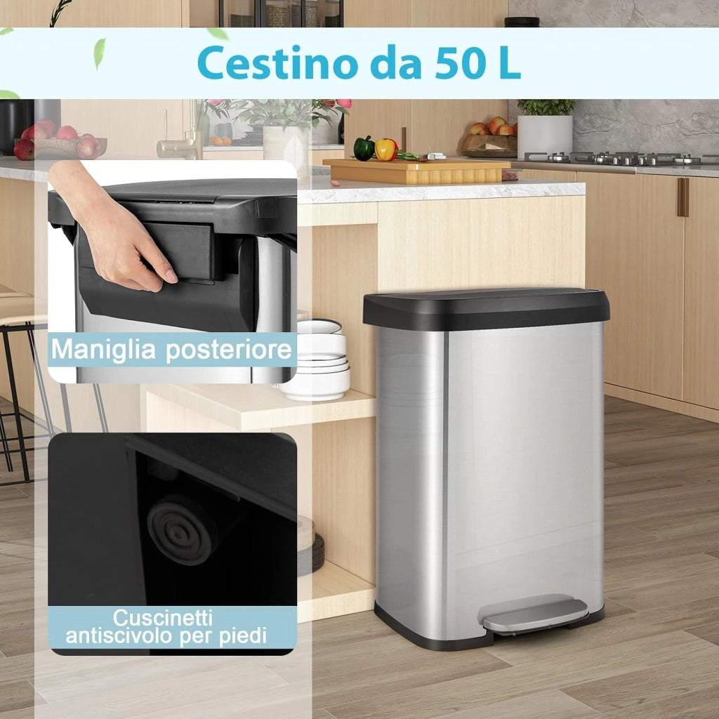 Bidone per Pattumiera da 50 L, Pattumiera da Cucina con Pedale, Coperchio e Scomparto Deodorante, Ideale per Casa Ufficio (50L, Argento)