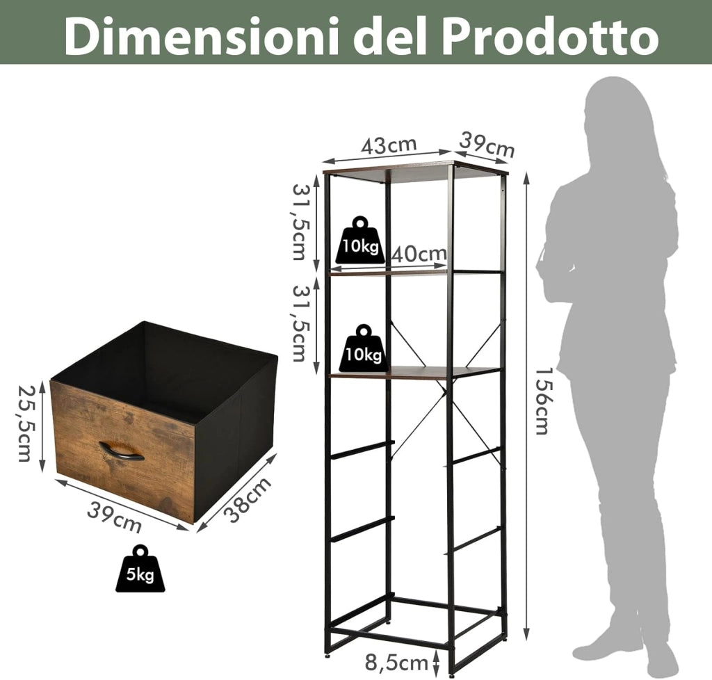 Libreria Multifunzionale, con 3 Ripiani Aperti e 3 Cassetti in Tessuto, con Struttura in Acciaio e Dispositivo Antiribaltamento, Libreria per Soggiorno Studio Camera da Letto, 43x39x156cm