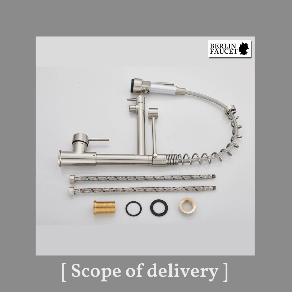 Bjorn | Rubinetto da parete gastronomia oro lucido Rubinetto cucina professionale in acciaio inox con due doccette|doppio lavello da parete ristorante