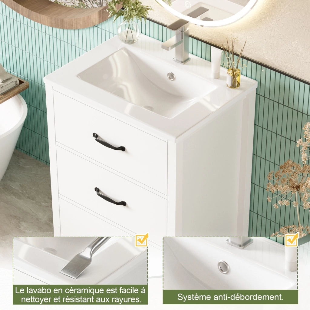 Mobile lavabo con 3 cassetti; lavabo in ceramica integrato; per bagno; bianco; 61 × 47 × 83 cm