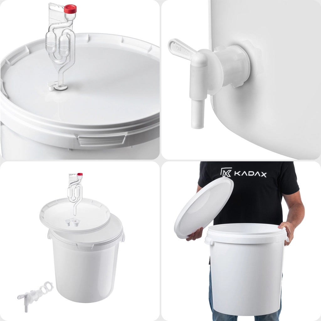 Set di contenitori per fermentazione KADAX da 33 litri per vino e liquori, completo di rubinetto, tubo e tappo.