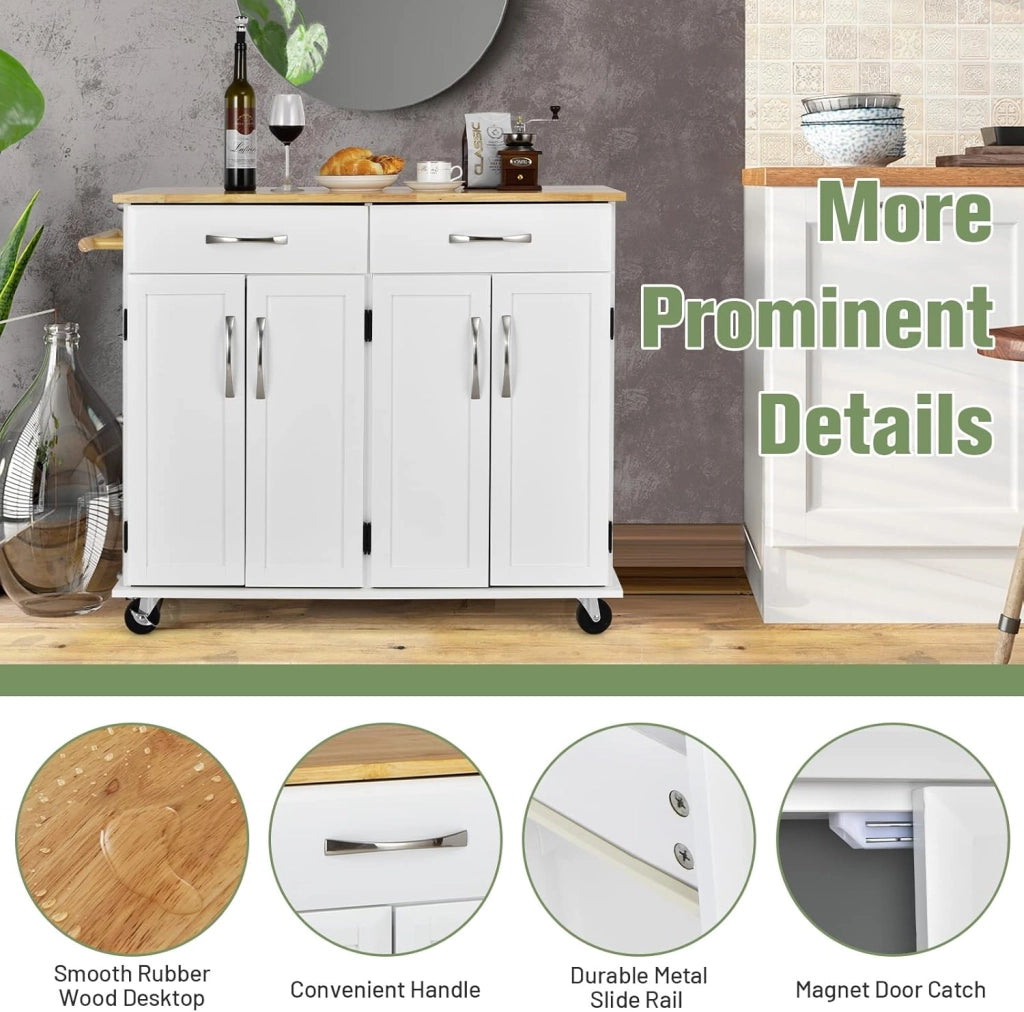 Carrello da cucina con piano di lavoro in legno di gomma con 2 armadi e ripiani regolabili, 2 cassetti grandi, portasciugamani laterali, armadio con ruote, 122 x 48 x 92,5 cm (bianco)