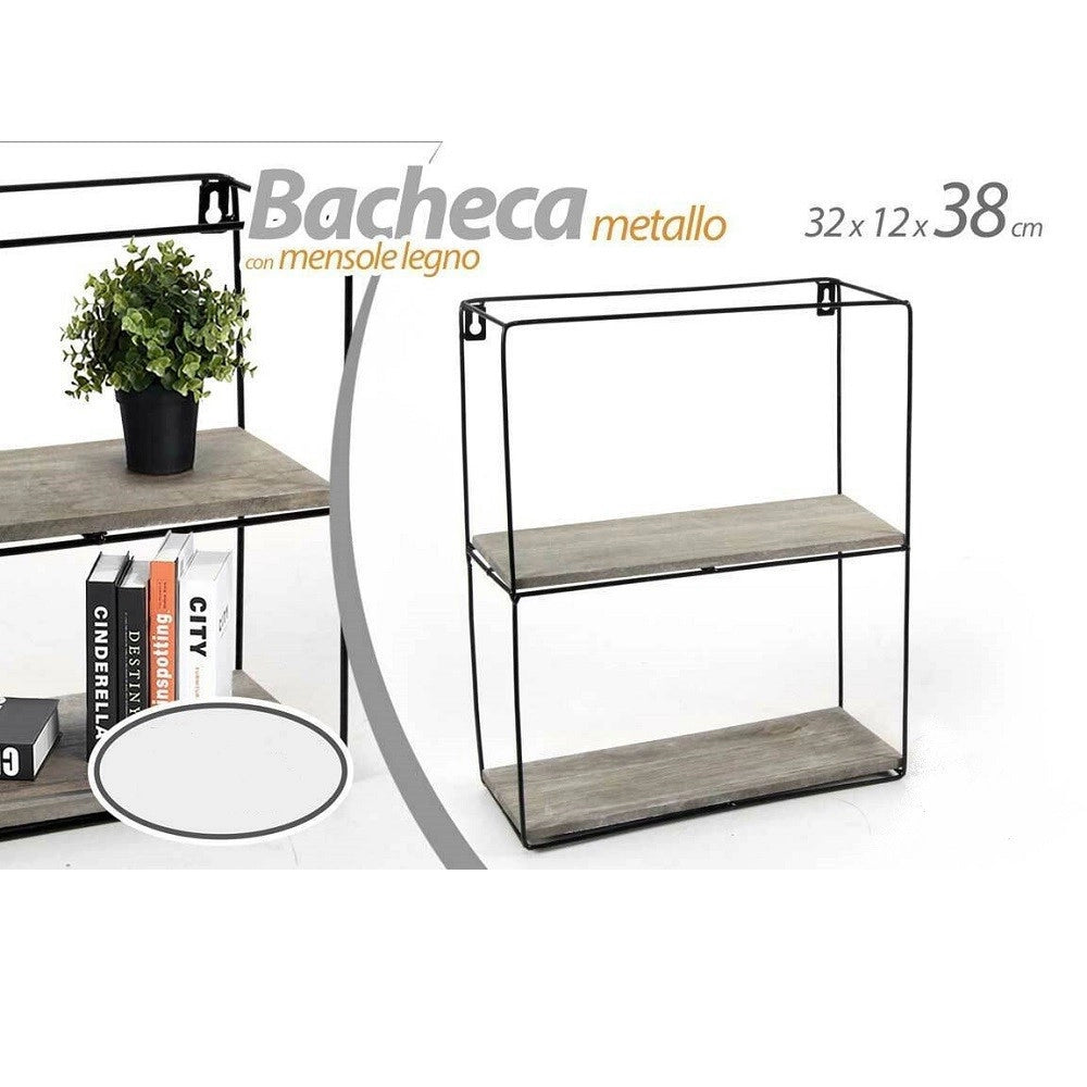 Trade Shop - Bacheca Porta Oggetti Metallo Rettangolare Parete 2 Mensole Legno 32x12x38cm 751967 -