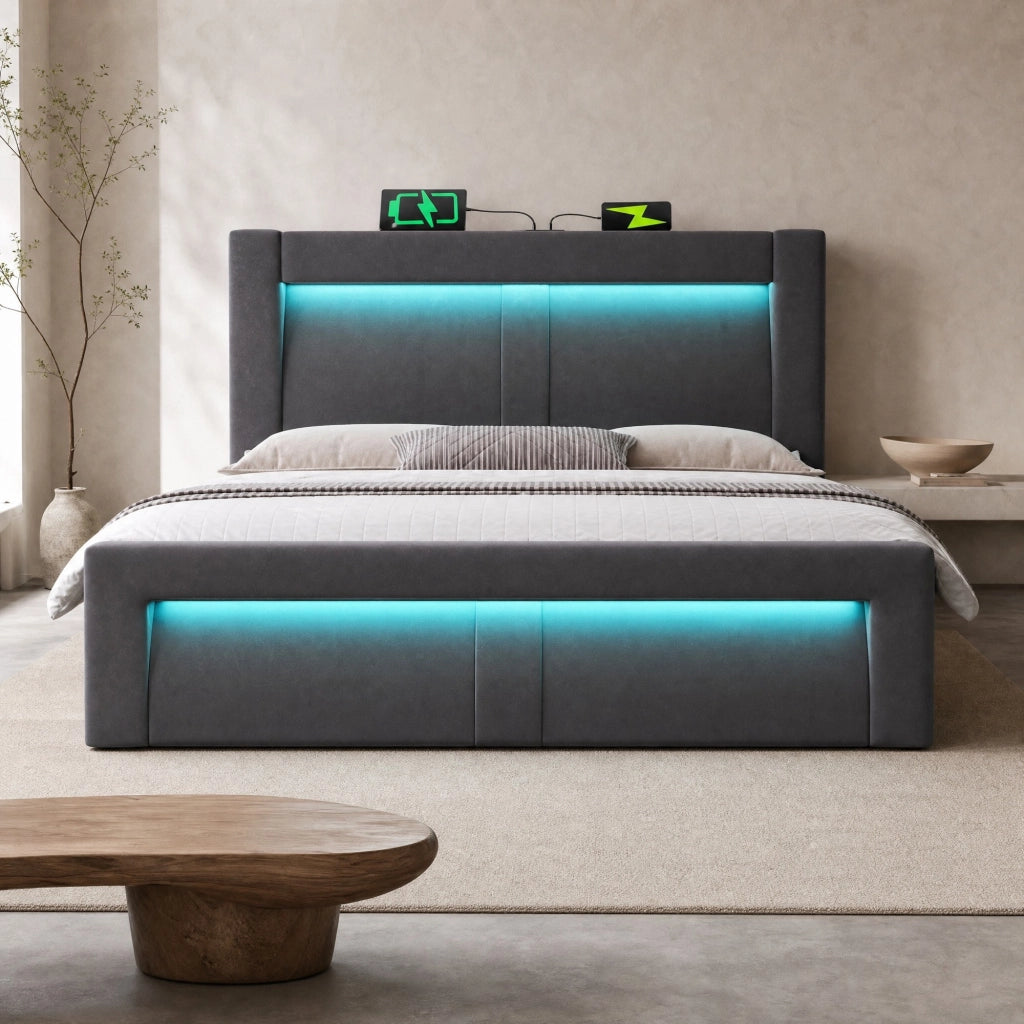 Letto 140x200 cm con contenitore; LED e ricarica USB in velluto grigio