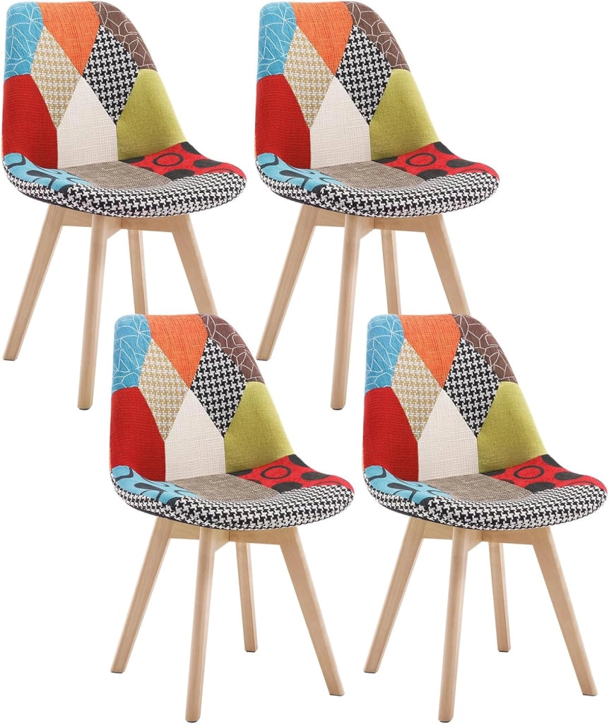Set di 4 sedie da pranzo Sedia da Scrivania con Schienale Rivestito in Tessuto di Lino Patchwork Gambe Legno Moderno BH29mf-4