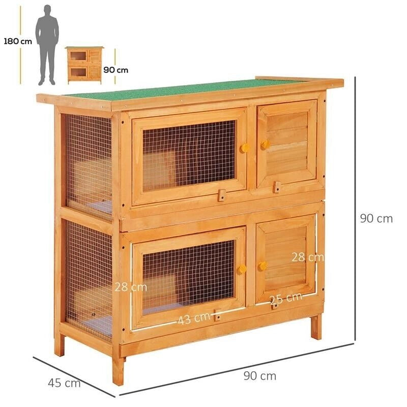 GABBIA A DUE PIANI PER CONIGLI, CONIGLIERA DA ESTERNO IN LEGNO DI ABETE, 90X45X90 CM, LEGNO E VERDE