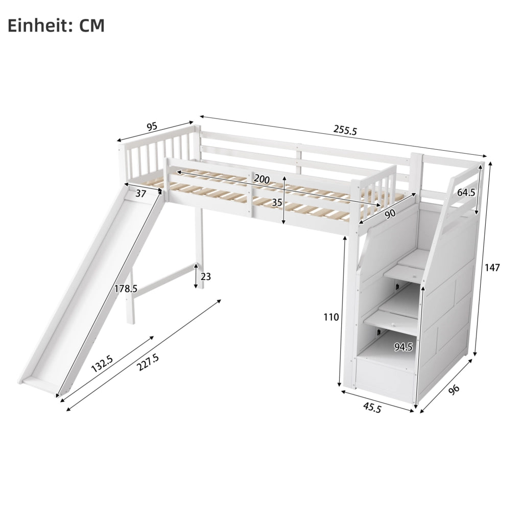 Letto a soppalco 90x200 cm con scivolo e scala portaoggetti in legno bianco