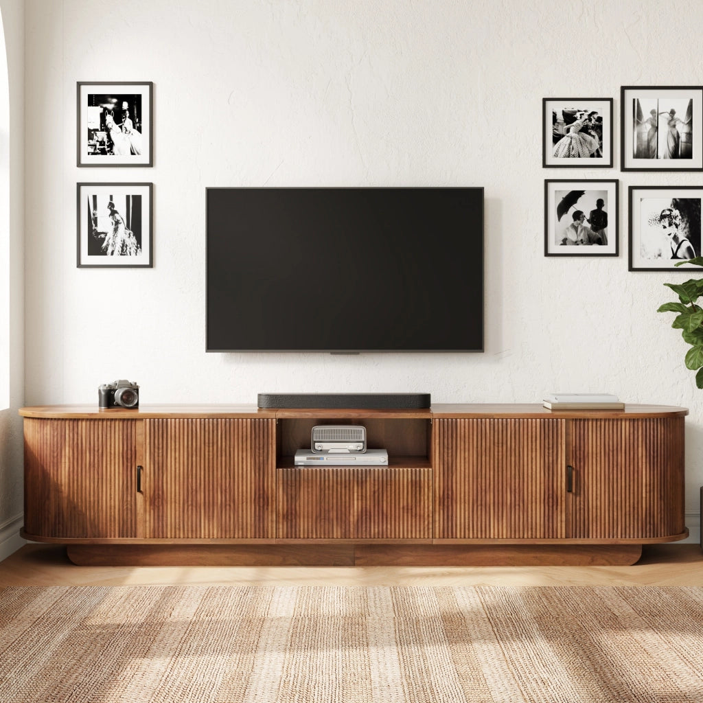 Mobile TV con ante scorrevoli; cassetto e vano aperto - per soggiorno - 200×40×50 cm - noce
