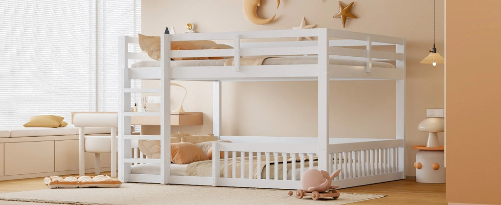 DESMIU Letto a castello 4 posti con sponde, 160 × 200 cm e 160 × 200 cm, senza materasso, in MDF e pino, bianco