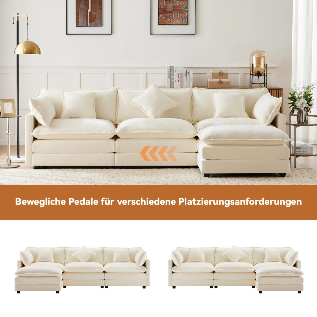 SOFA Angolare L 283x147x84 cm in ciniglia beige con pouf mobile