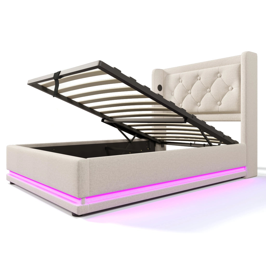 Letto contenitore 90x200 cm; USB Type-C e LED a 3 lati; cotone beige (Senza materasso)