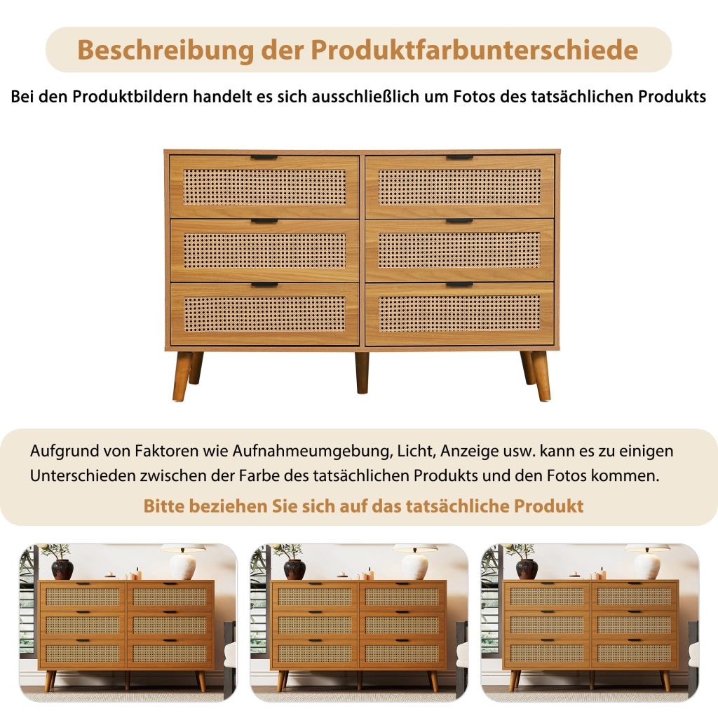 Comò con 6 cassetti stile rétro in rattan con maniglie in metallo e gambe in legno color noce 120 × 40 × 76,5 cm
