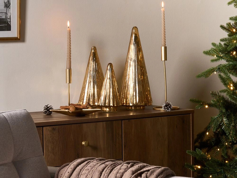 Set di 3 statuine decorative Alberi di Natale in vetro dorato Decorazione festiva Fatte a mano 3 diverse dimensioni