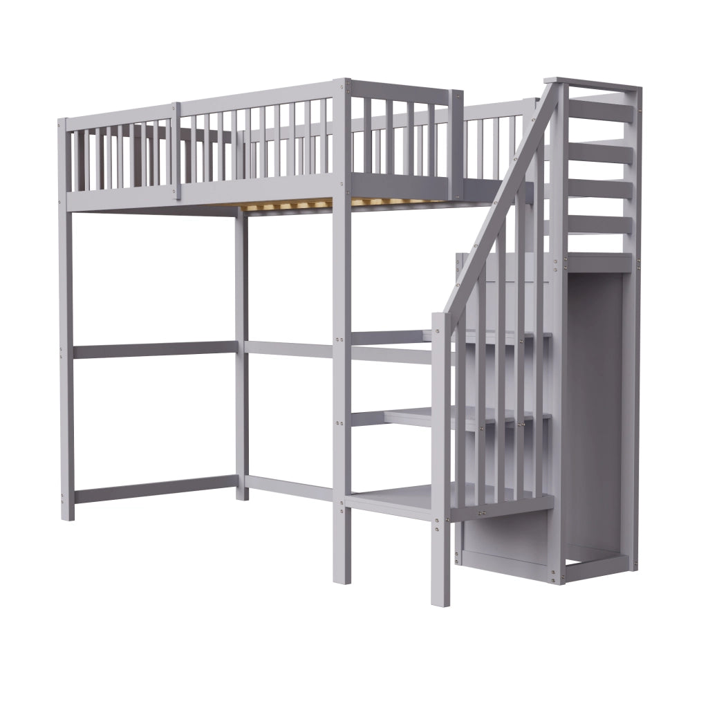 Letto a castello grigio con scala funzione contenitore in legno 90x200 cm