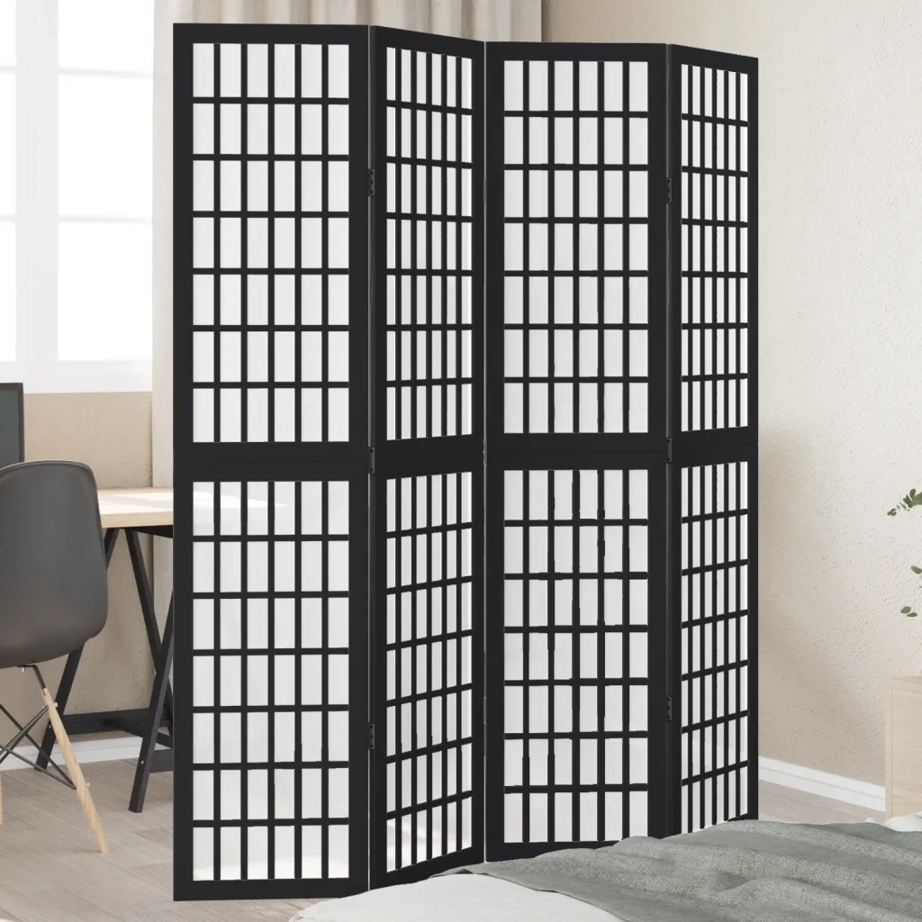 Divisorio Ambienti | Divider per stanze | Paravento 4 Pannelli Nero Legno Massello di Paulownia