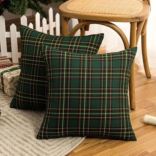 Decorazione di Natale a due pezzi con copertura di cuscino a scacchi scozzesi, adatto per la decorazione di vacanza familiare, verde, 45*45cm
