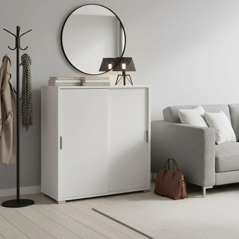 Mobiletto Base 2 Ante Scorrevoli Bianco | Armadietto Salvaspazio Moderno con 2 Ripiani Regolabili | Già Assemblato per Soggiorno, Ingresso, Bagno, Lavanderia, Studio e Cameretta