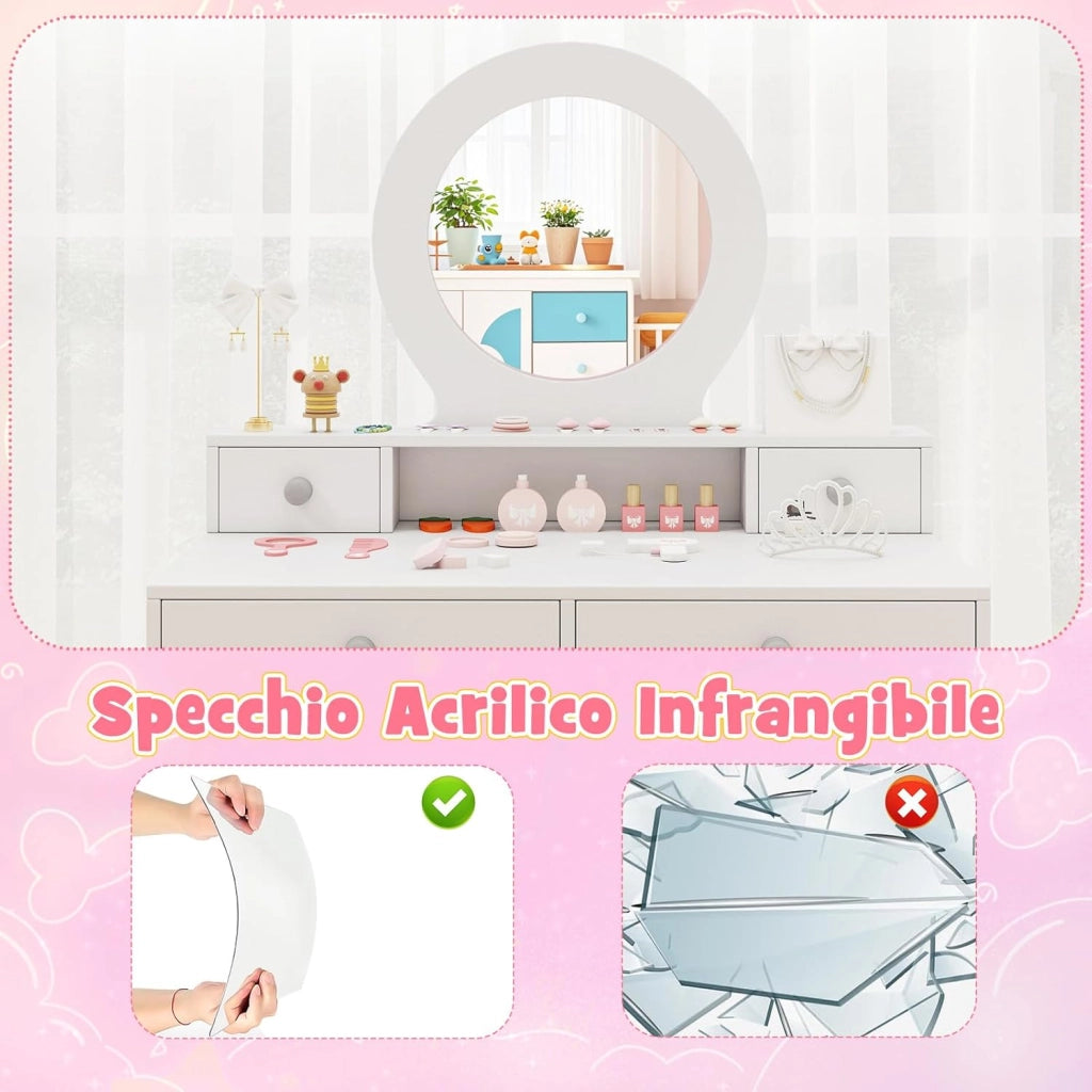 Set Toeletta Trucco per Bambina con Sedia a Schienane, Tavolo Trucco con Specchio Acrilico Rotondo, Postazione Trucco con 2 Cassetti Grandi e 2 Piccoli, per Bambine 3+ Anni, Bianco