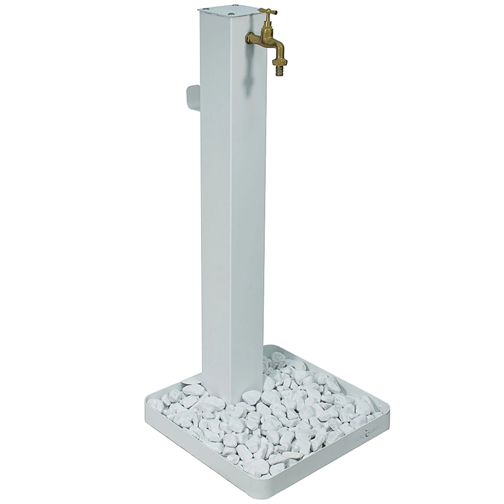 Fontana da Giardino con Rubinetto in Ottone e Base con Ciottoli 40x40x97 cm in Acciaio Bianco