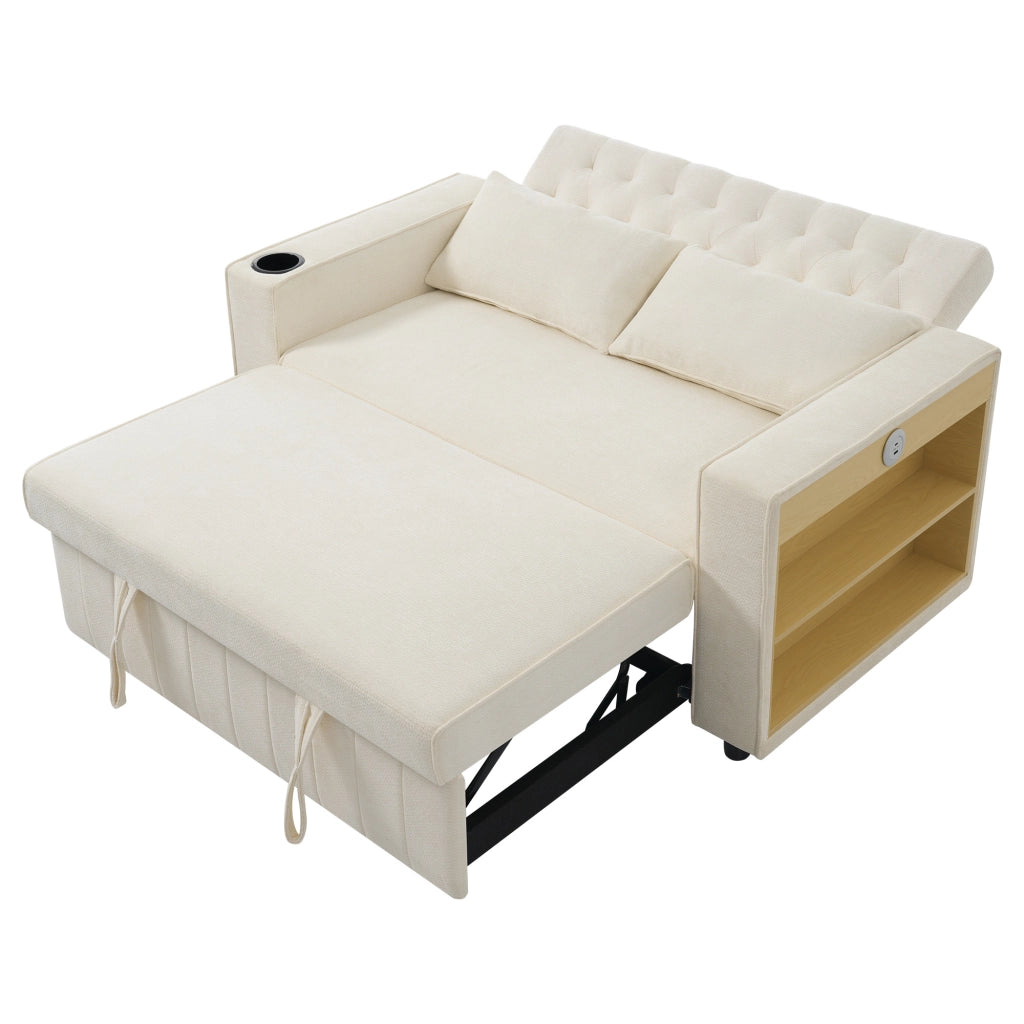 Divano Letto 2 Posti con Porta USB, Portabicchieri, Porta Libri, 3 Posizioni, in Chenille Beige