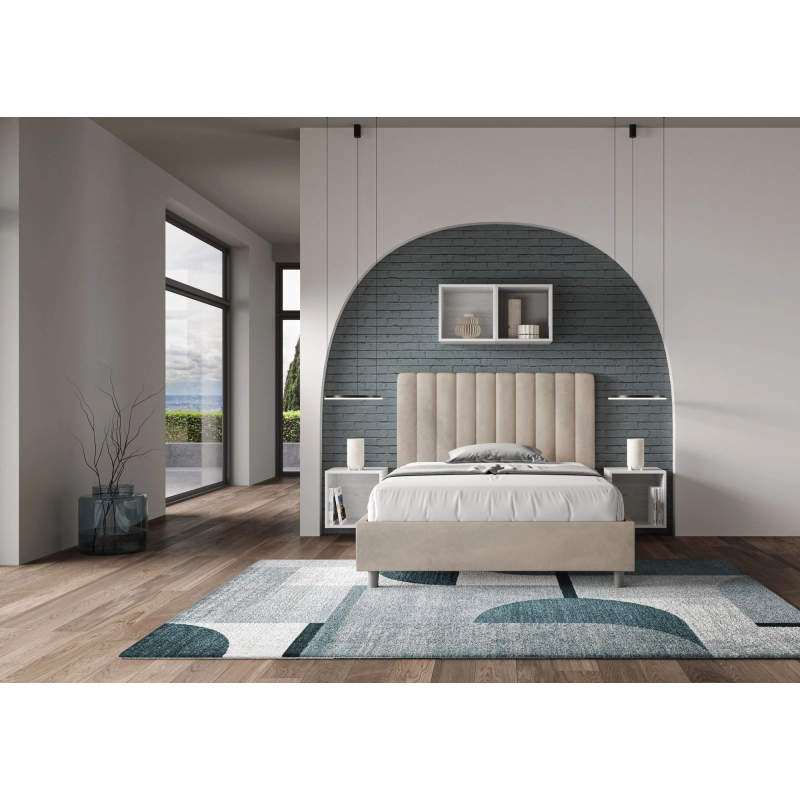 Letto imbottito 1 piazza e mezza 120x190 cm Agueda - Con rete,Microfibra,Sabbia