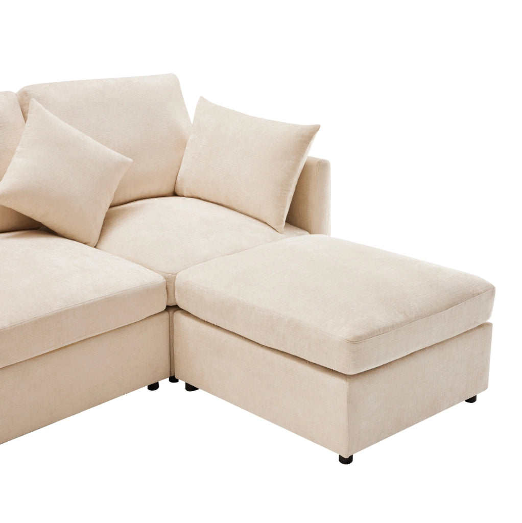 Divano modulare 216x161x81 cm con pouf mobile in chenille beige