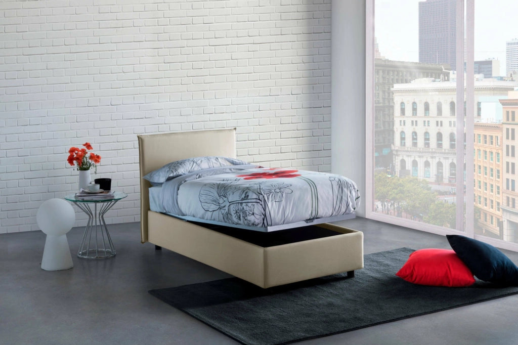 Letto singolo Shana, Letto contenitore con rivestimento in tessuto, Made in Italy, Apertura frontale, adatto per materasso cm 80x200, Beige