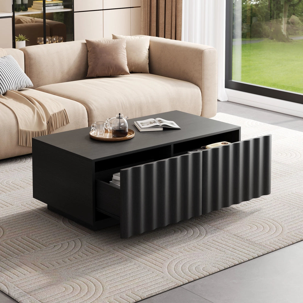 Tavolino basso con 2 cassetti e frontale a onde, per soggiorno, in MDF e pannello truciolare, nero, 100 × 50 × 40 cm