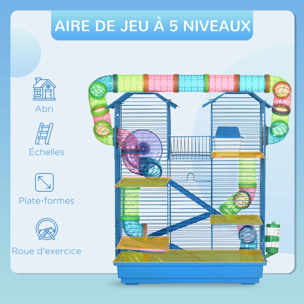 Gabbia per Criceti e Piccoli Animali con Tunnel e Ruota ¨C zephmum ¨C 47x30x59 cm Blu