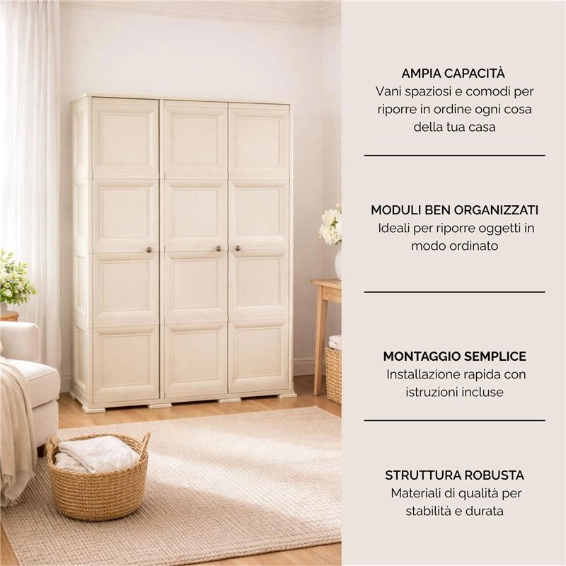 ARMADIO 3 ANTE ANGORA 118X43X164 CM CON PUNTALI E VANO PORTASCOPE – MOBILE ALTO ORGANIZZAZIONE CASA PER INGRESSO E BALCONE