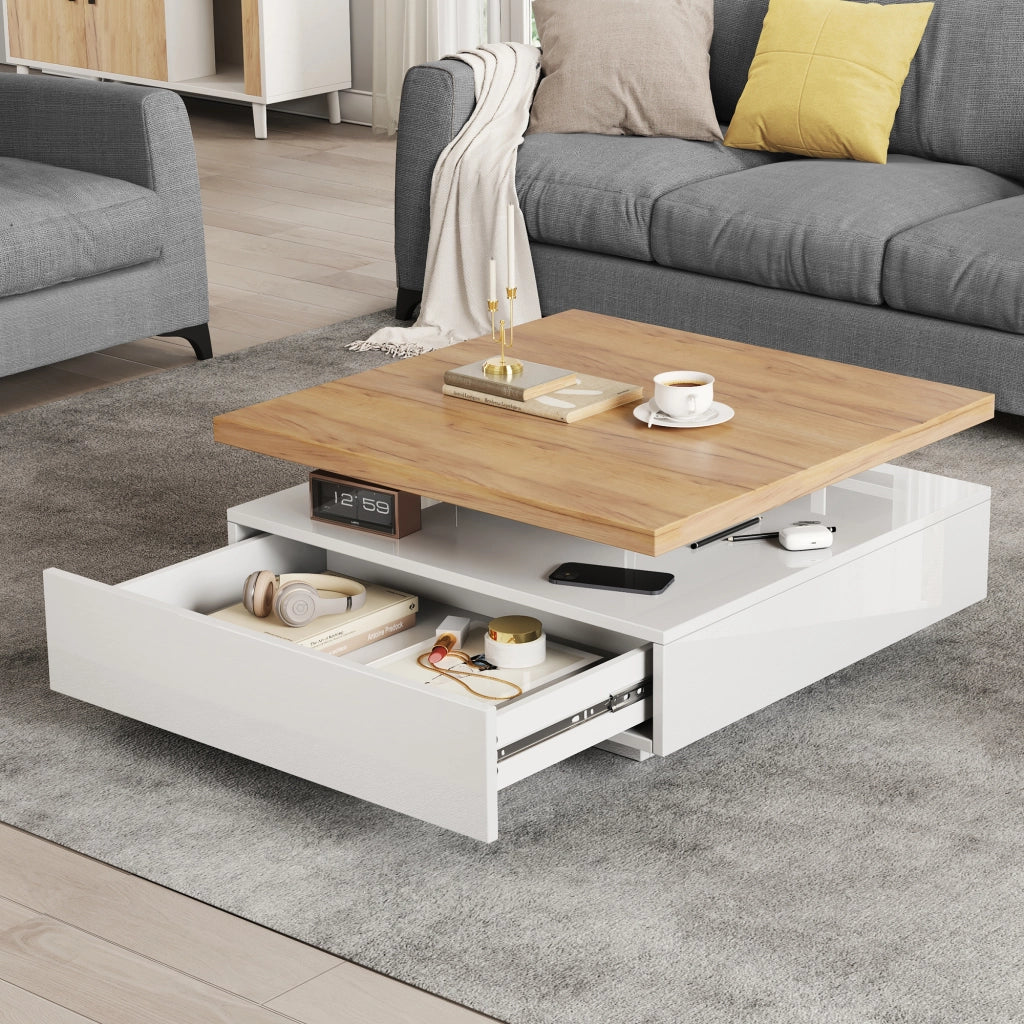 TAVOLINO da caffè girevole 70x70x36 cm bianco lucido e noce