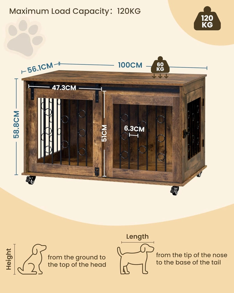 100cm Gabbia per Cani da Interno, Kennel Cane Medio Grande con 2 Porte e Ruote 360° Casetta Gabbia Movibile per Cani, Gabbie per Cane Arredamento in Legno Marrone Vintage 100x56x65cm