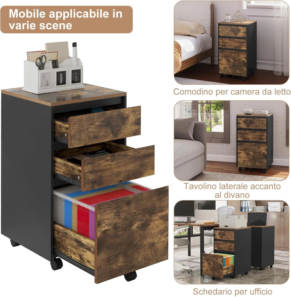 Cassettiera da Ufficio, Cassettiera Portadocumenti a 3 Cassetti, Mobiletto Portaoggetti con Ruote per Studio, Camera da Letto, in Legno, Rovere Vintage e Nero, 40x40x70cm, ASK01hov