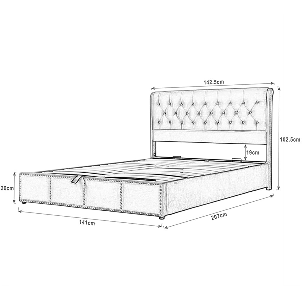 Letto matrimoniale con contenitore in lino grigio 140x200 cm