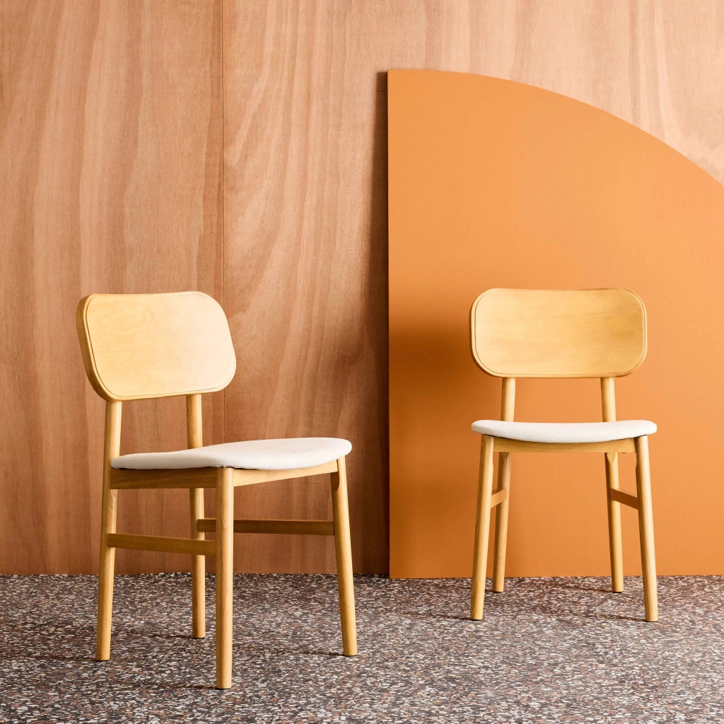 Set di 2 sedie vintage in legno di hevea e tessuto, marrone naturale