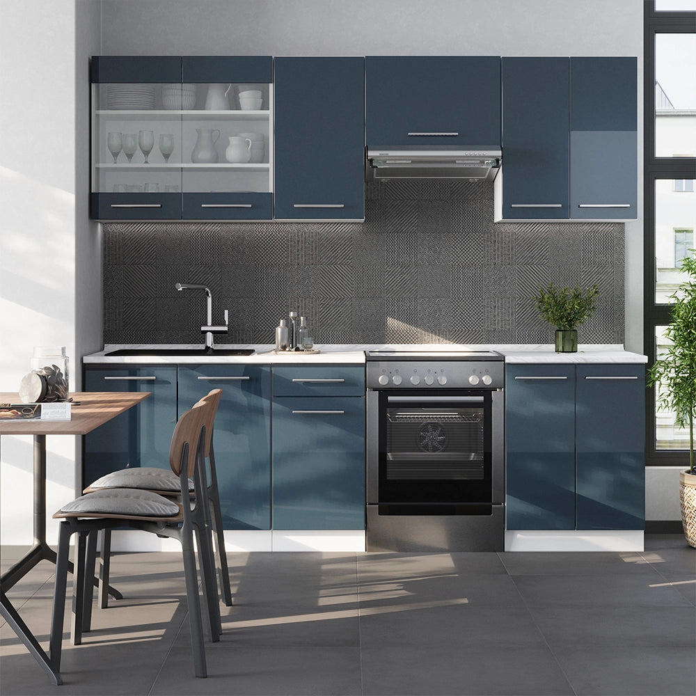 Cucina componibile Fame-Line Blu scuro lucido/Bianco 240 cm, PL Antracite Vicco