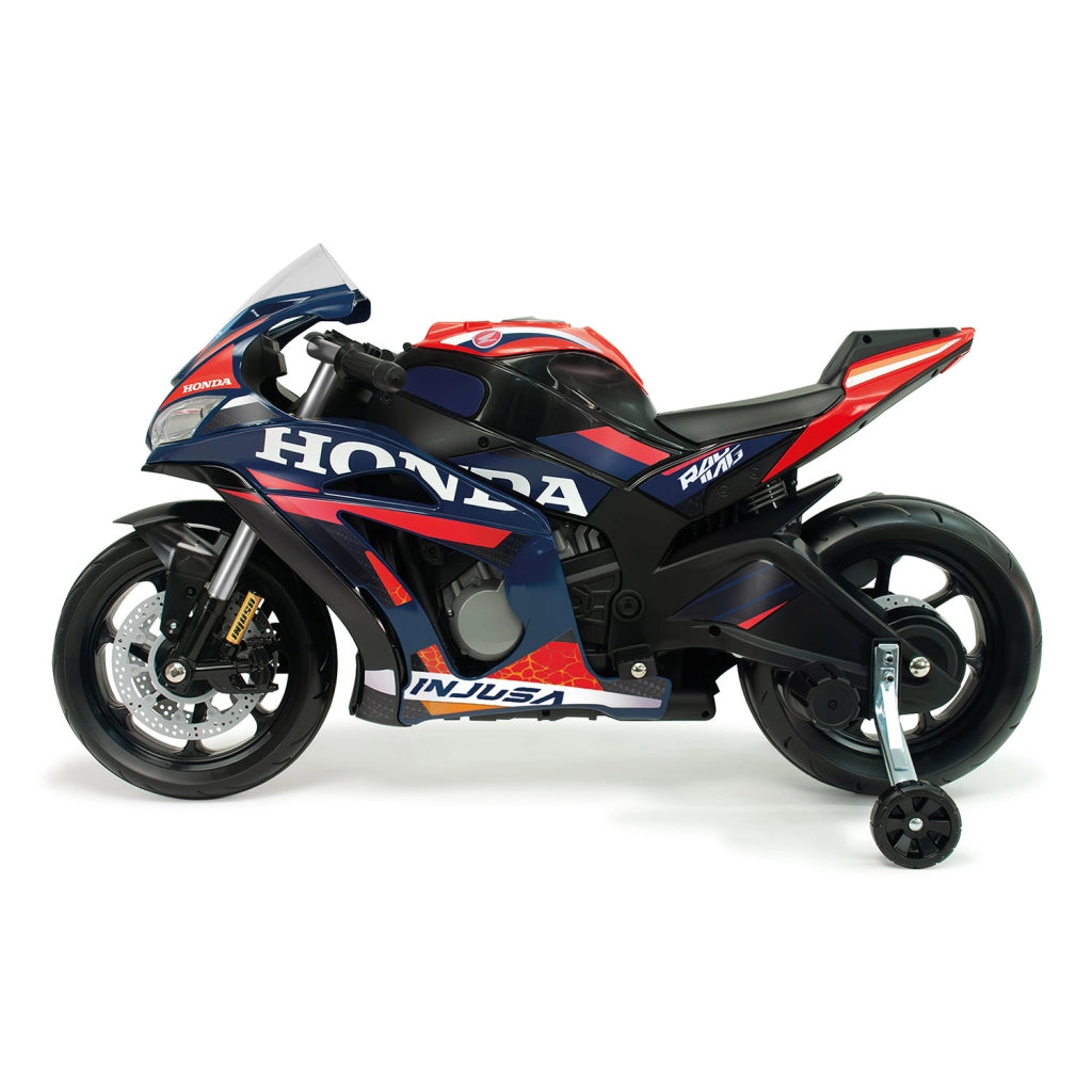 Moto Elettrica per Bambini 12V Honda Competición con Luci Suoni e Ruote Stabilizzatrici Blu