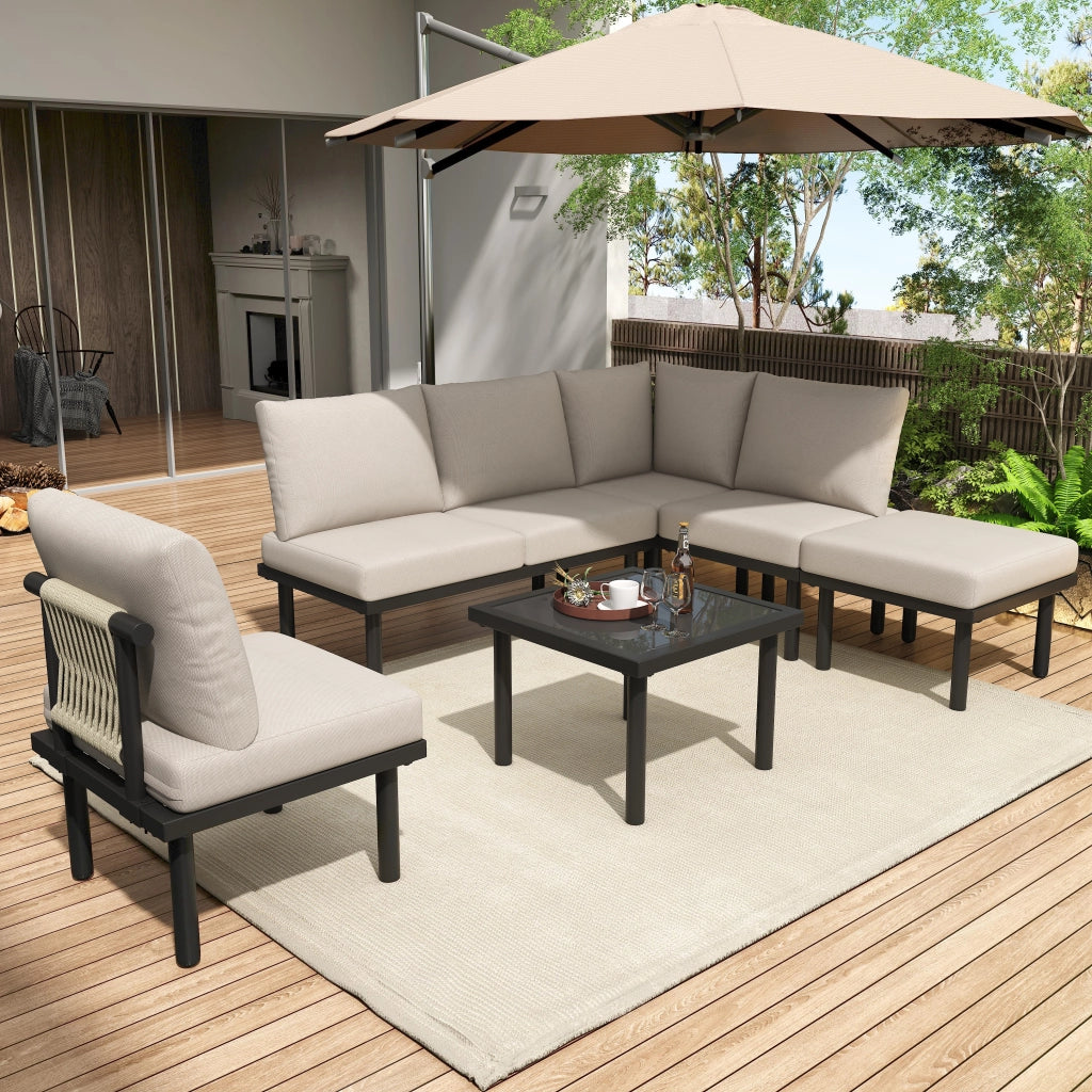 Set Lounge da Giardino 6 Pezzi con Cuscini ¨C MINIMAL ¨C Beige, Fune, Piano in Vetro
