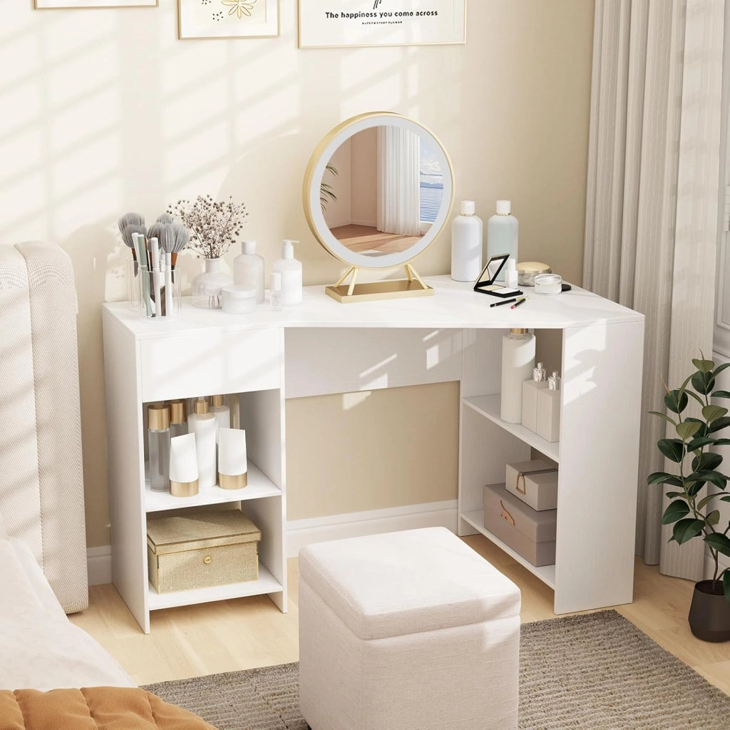 Scrivania per computer a forma di L, 120 x 60 x 75 cm, scrivania ad angolo con cassetti e ripiani aperti, design salvaspazio, tavolo ad angolo per camera da letto, ufficio (bianco)