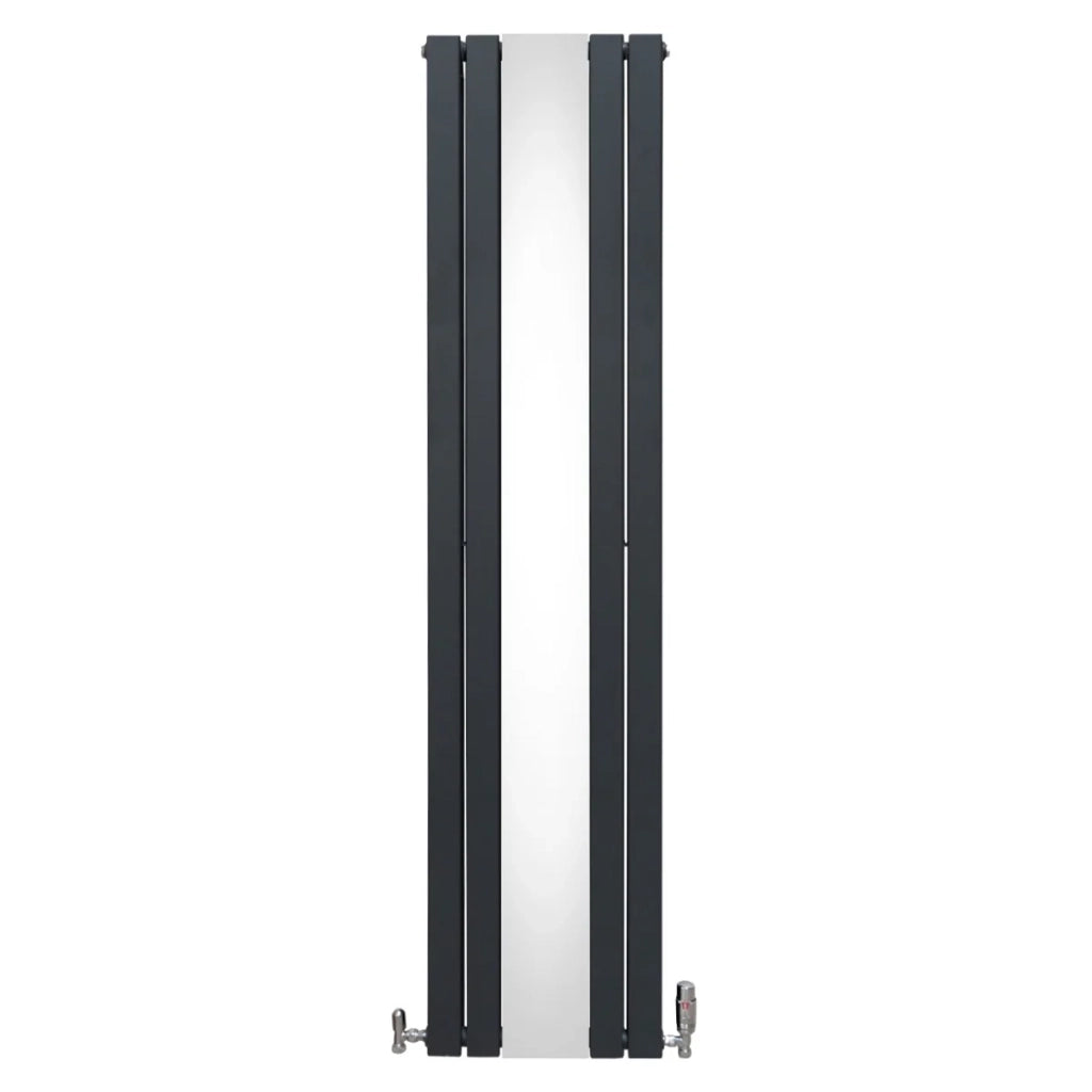 Radiatore a specchio a pannello piatto e valvole TRV cromate Grigio Antracite 1800 mm x 425 mmSubtitle: