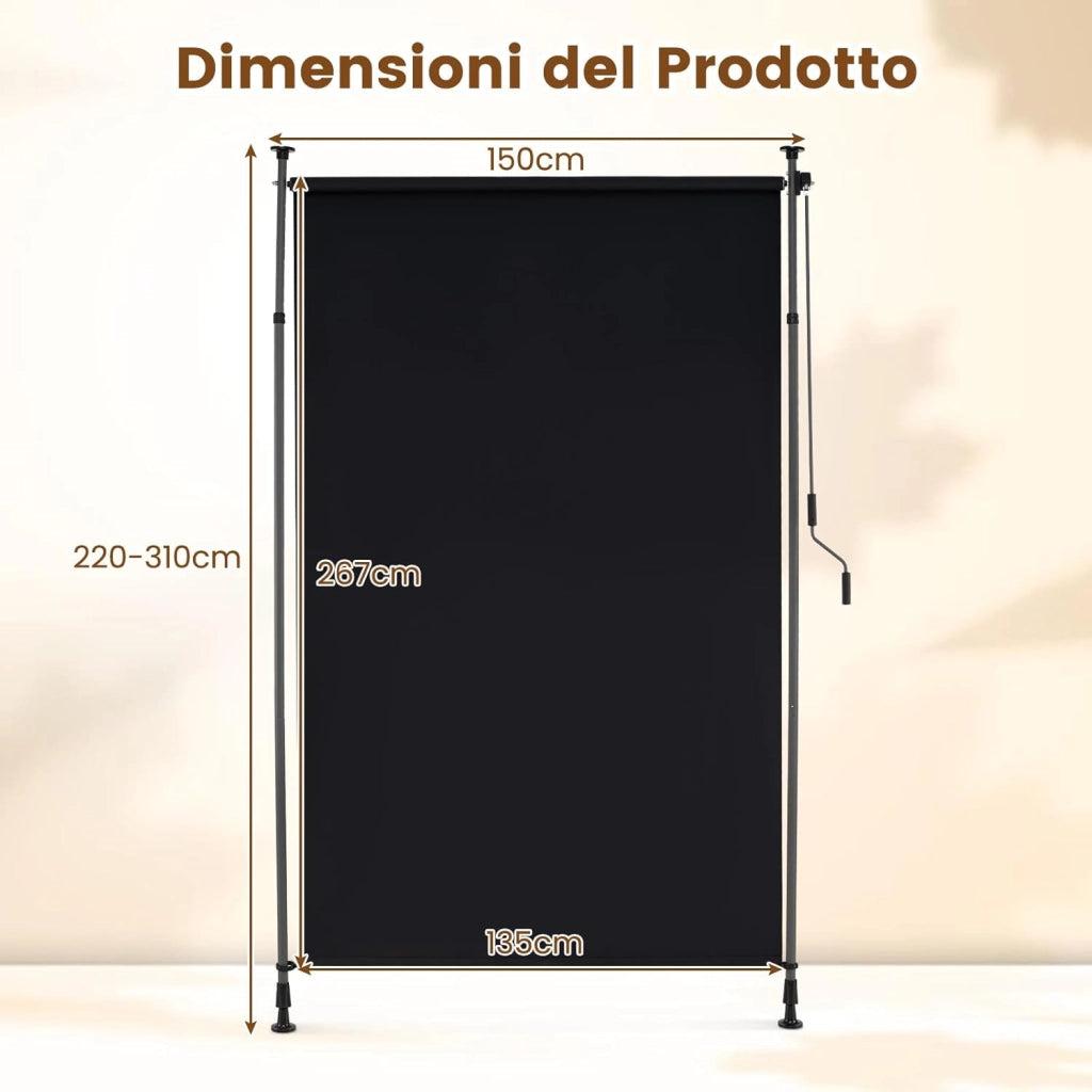 Tenda da Sole Verticale 150/200/250 cm, Tenda da Sole per Esterno Regolabile in Altezza con Manovella senza Foratura, Schermo per Privacy per Balcone, Piscina e Giardino (150 cm)
