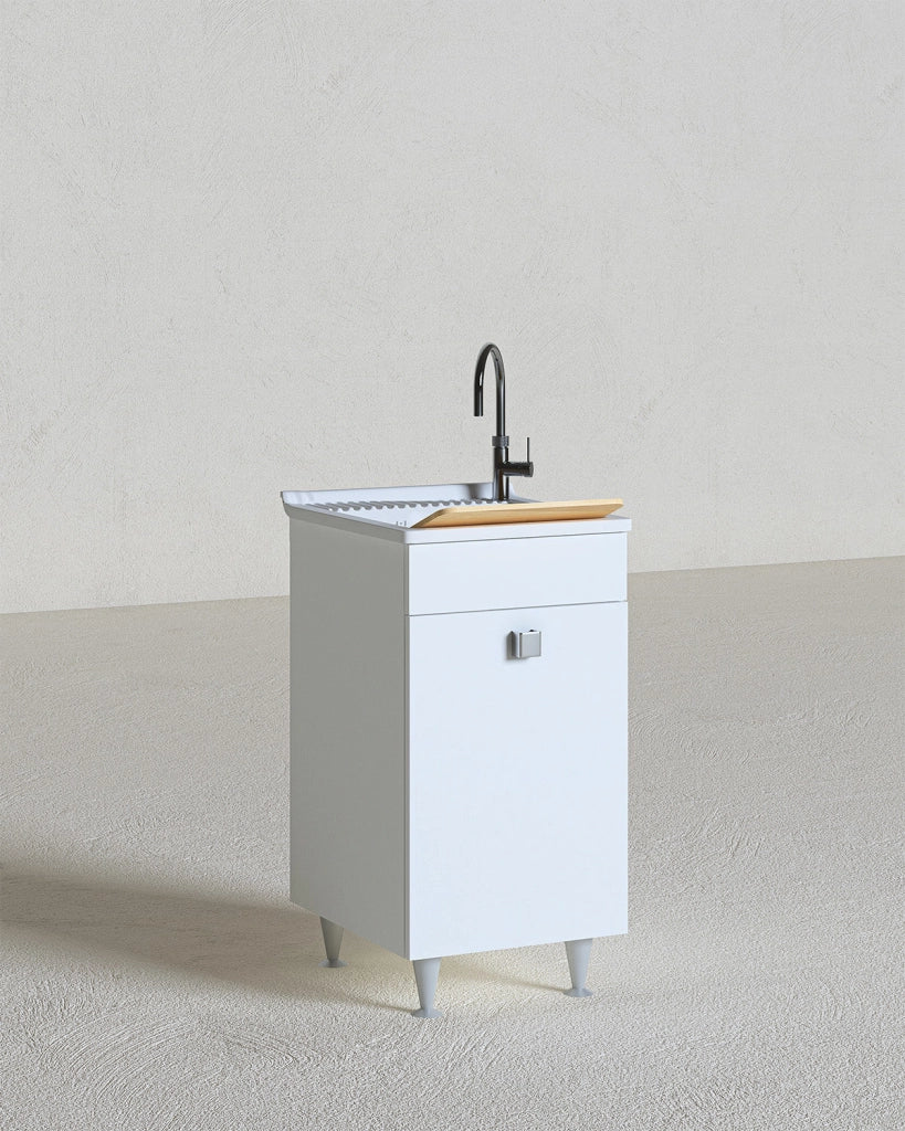 Mobile lavatoio Rose - Con 1 anta e lavatoio - Contenitore salvaspazio per bagno e lavanderia - Bianco - 49 x 89 x 51 cm_