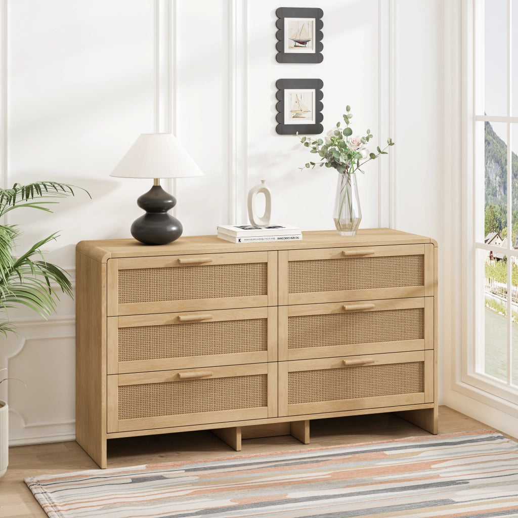 Cassettiera con 6 Cassetti; Angoli Arrotondati; Design in Rattan Naturale; in Truciolare; 130??40??80 cm; Naturale