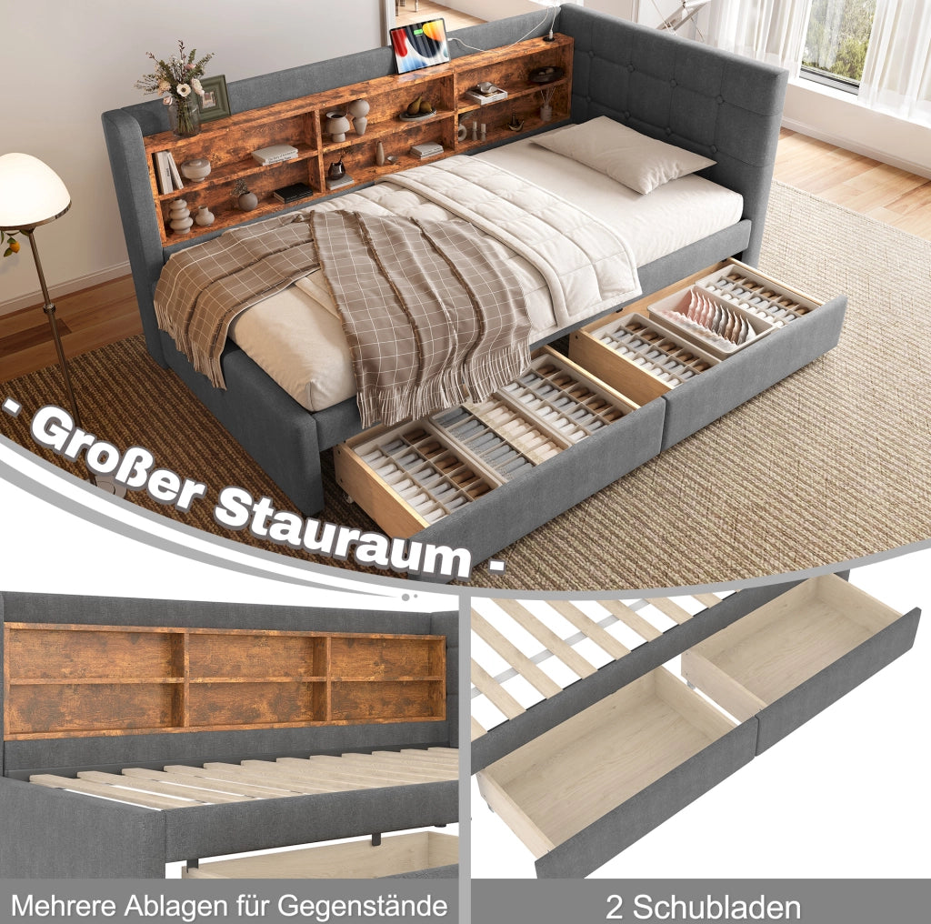 Letto singolo 90x200 cm grigio con cassetti, USB e Type-C