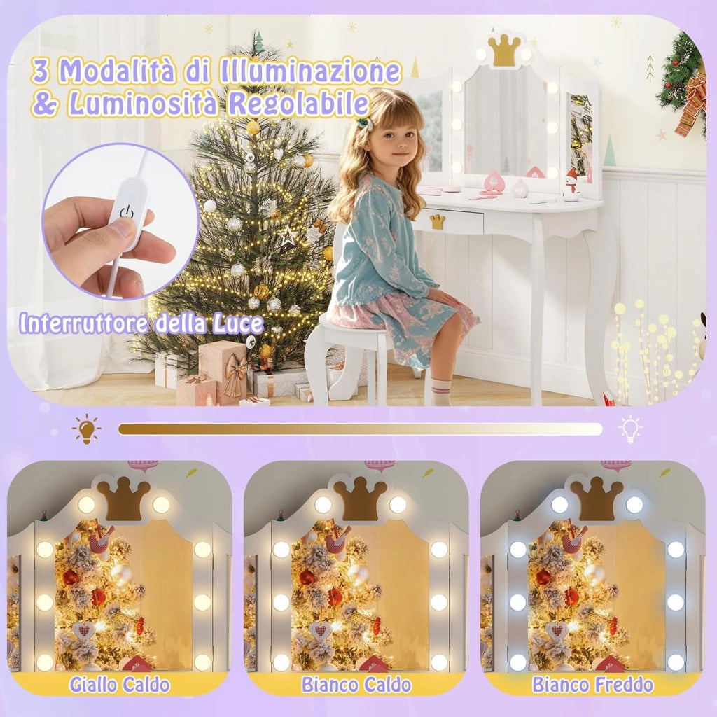 Set Toeletta Trucco per Bambina con Sgabello, Tavolo Trucco Triplo Specchio Staccabile con Luci LED a 3 Colori, Postazione Trucco con Cassetto e Accessori, per Bambine 3-7 Anni (Bianco)