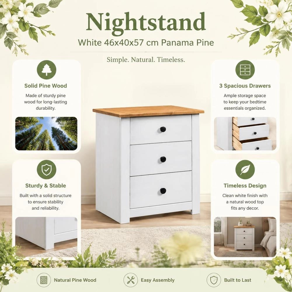 White Bedside Table, 46 X 40 X 57 Cm, Panama Pine