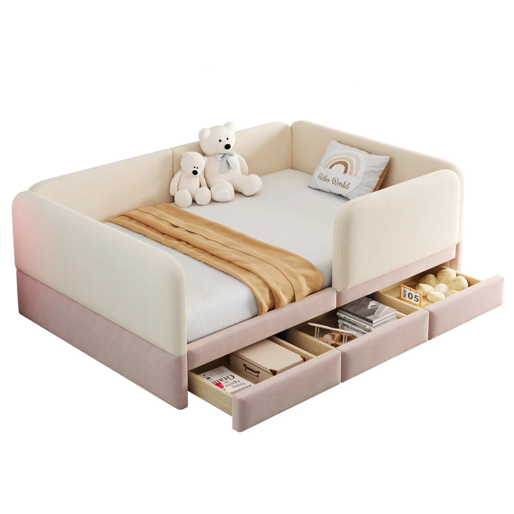 Letto imbottito per bambini 140x200 cm con parapetto perimetrale; bordi arrotondati e ampio cassetto; velluto rosa