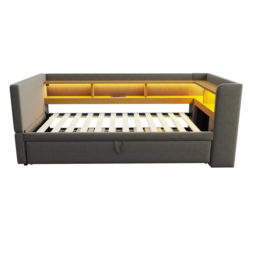 Divano letto 90x190 cm con scomparti; luci LED e prese; flanella; grigio scuro